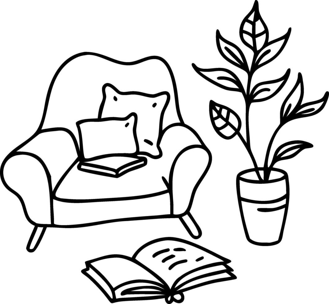 Cozy Reading Nook Illustration with Armchair Books and Plant vector