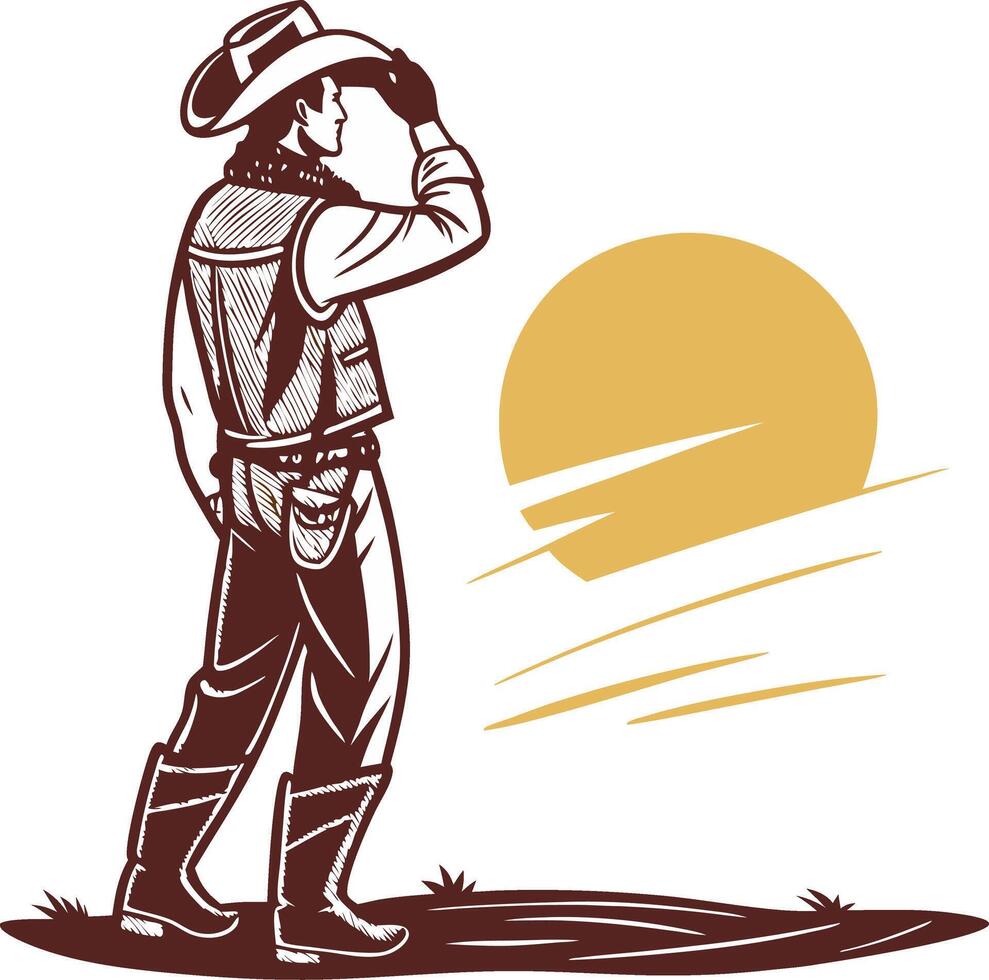 Cowboy Silhouette Watching Sunset for Western Themes and Artwork vector