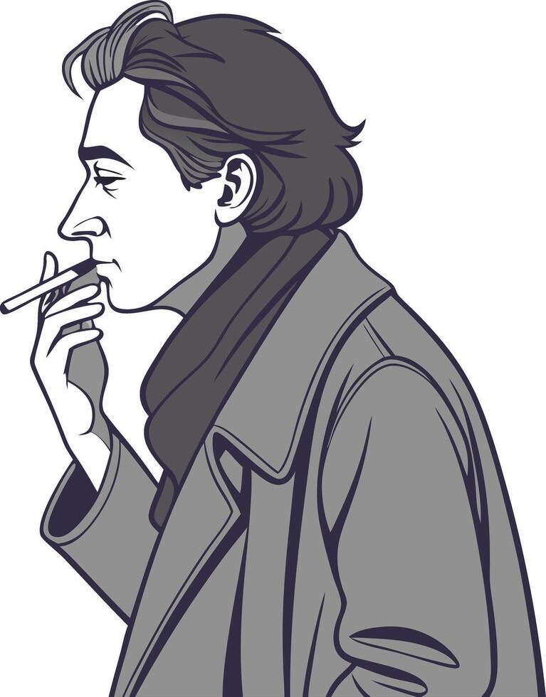 Illustration of Thoughtful Man Smoking in Winter Coat for Artistic Design vector