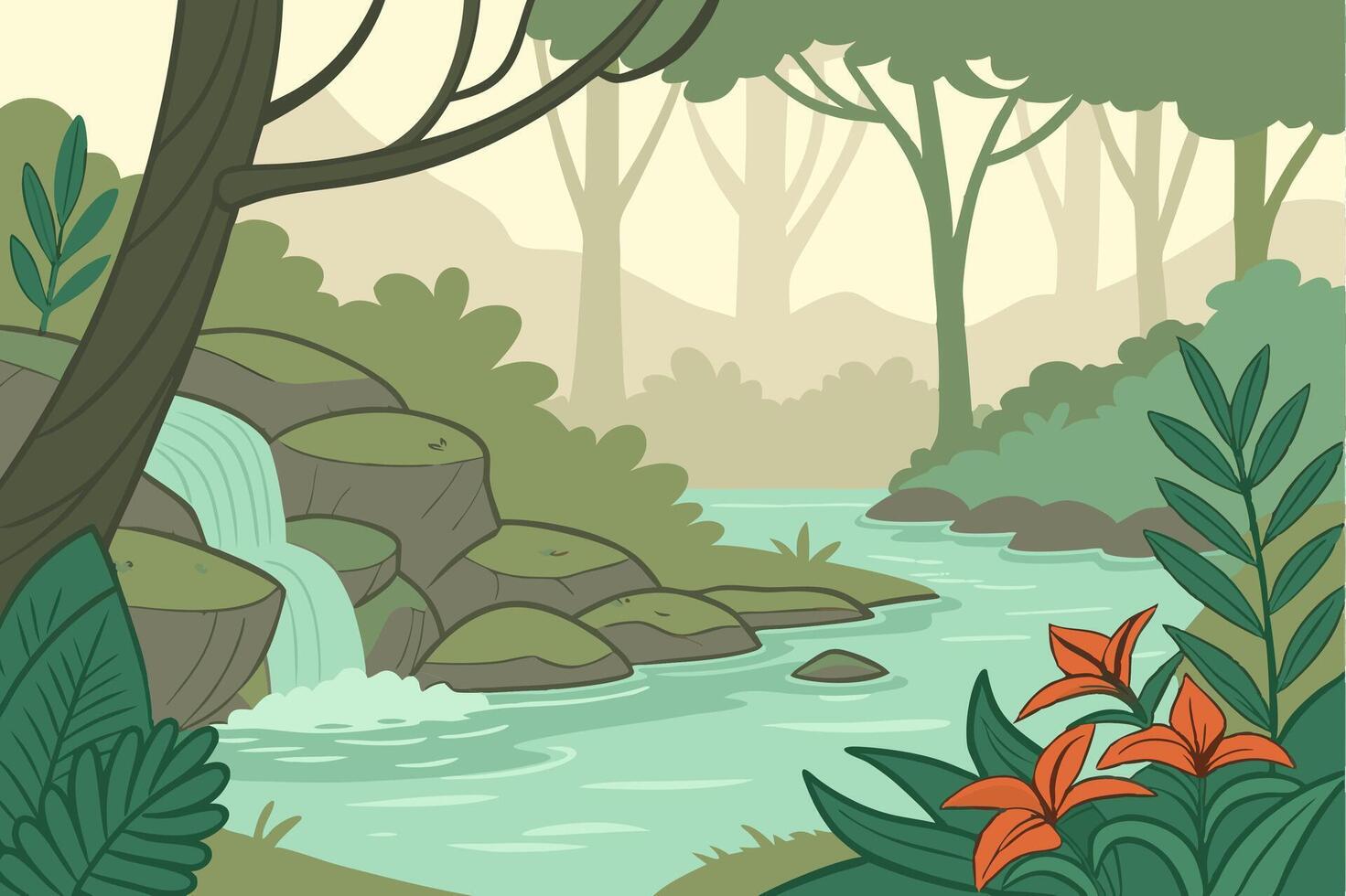 Lush Forest Stream with Waterfall and Tropical Foliage Illustration vector
