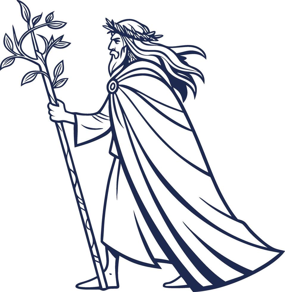 Ancient Wise Man Holding Staff Symbolizing Knowledge and Nature Illustration vector