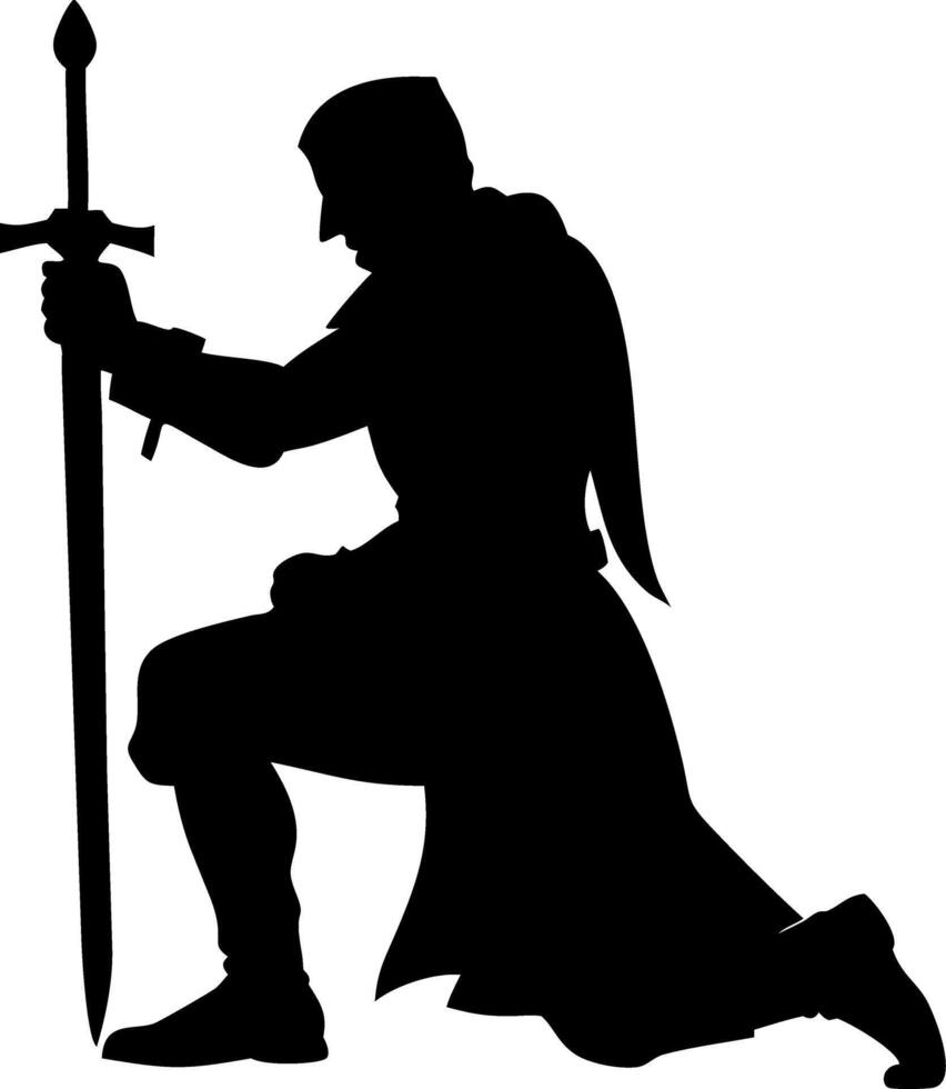 Medieval Knight Kneeling Silhouette with Sword Illustration for Tattoo and Logo Design vector