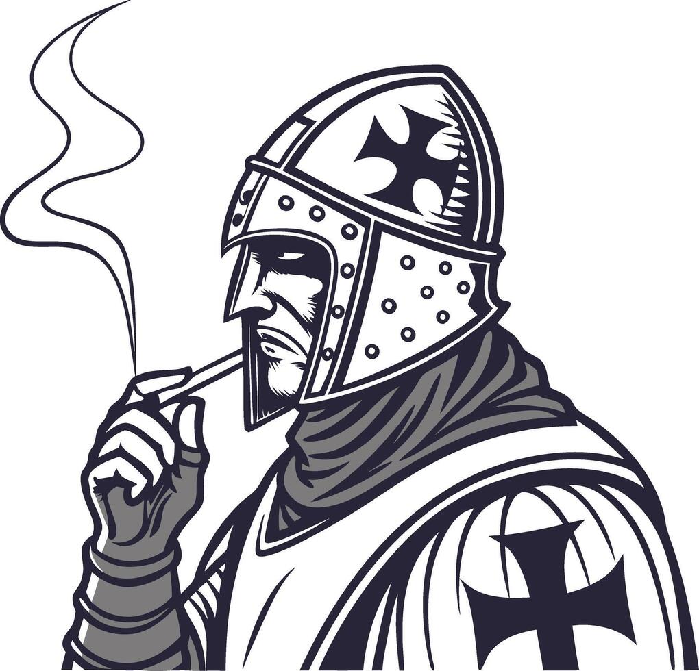 Medieval Knight Smoking Illustration for Coloring Books and Tattoos vector