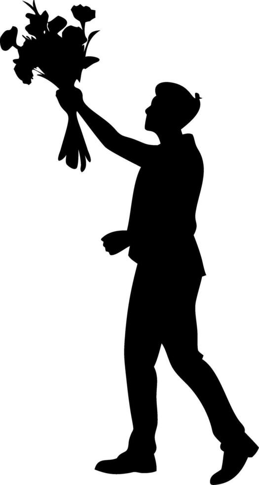 Silhouette of Man Holding Flower Bouquet Art for Greeting Cards and Decor vector