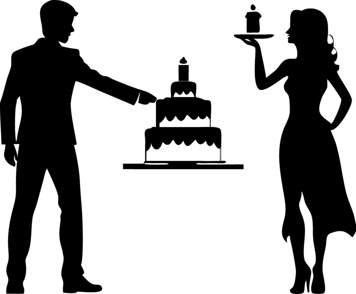 Silhouette Couple Celebrating with Cake Art for Invitations and Wall Decor vector