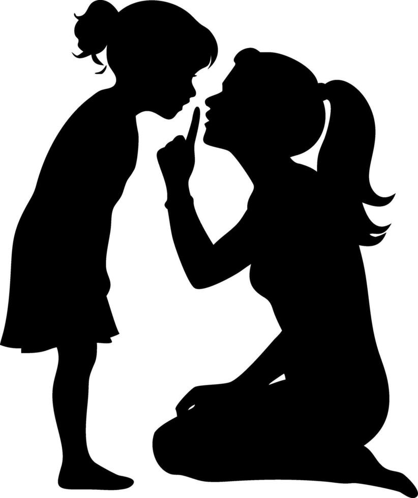 Silhouette of Mother Kneeling Teaching Child in Quiet Gesture for Parenting Concepts vector