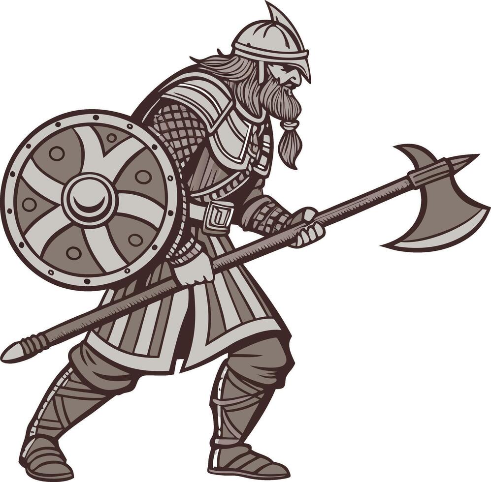 Medieval Viking Warrior with Shield and Axe for Tattoo or Coloring Book vector