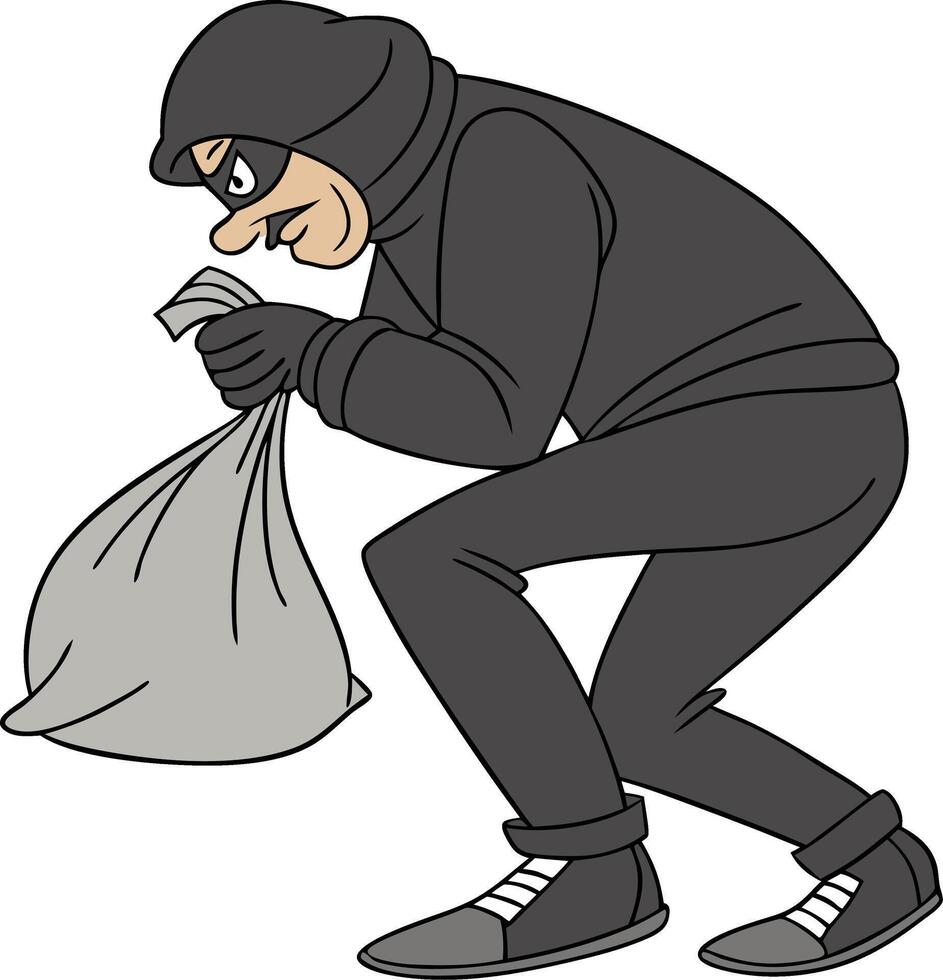 Cartoon Robber in Black Outfit Carrying Loot Bag Illustration for Design Projects vector