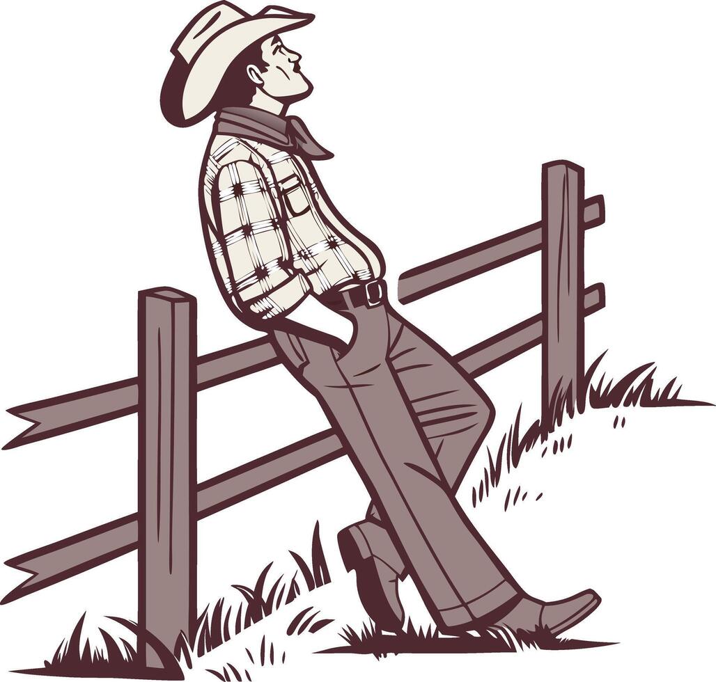 Cowboy Leaning on Fence in Illustration for Western Theme Design vector