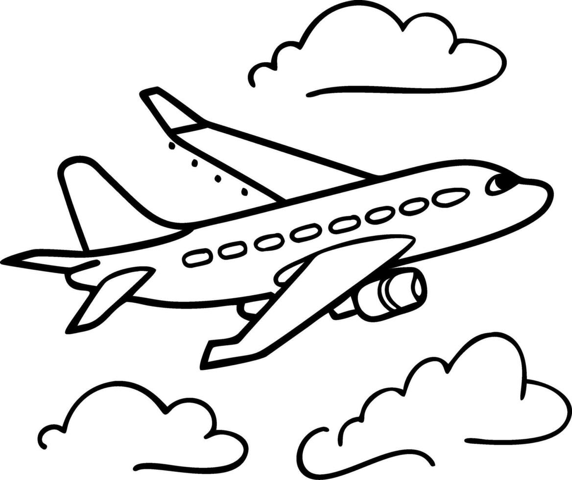 Airplane in Flight Illustration with Clouds Ideal for Coloring Book Designs vector
