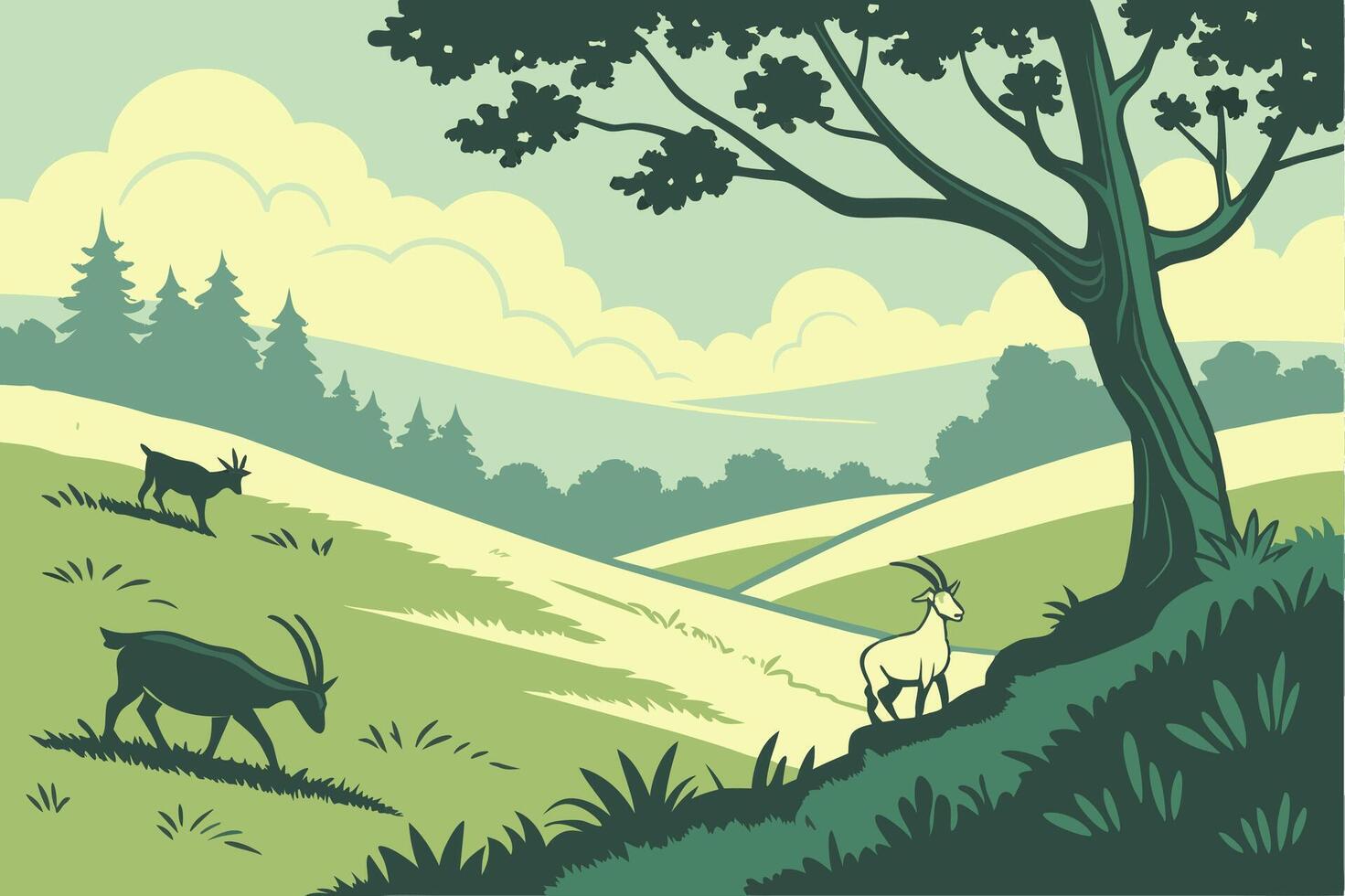 Serene Landscape with Grazing Goats under Lush Tree in Countryside Illustration vector