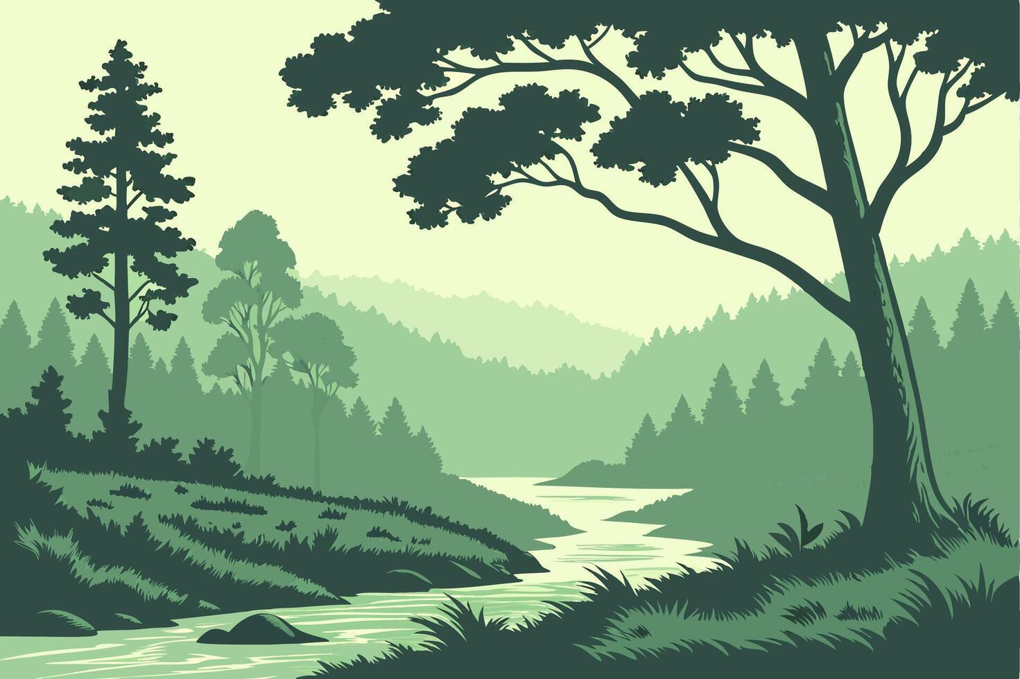 Serene Forest Landscape Illustration with River and Trees vector