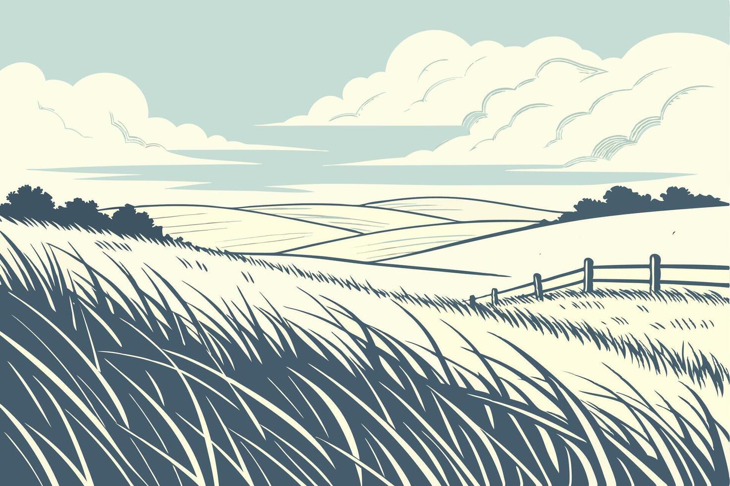 Serene Countryside Hills with Rolling Fields and Clouds Illustration vector