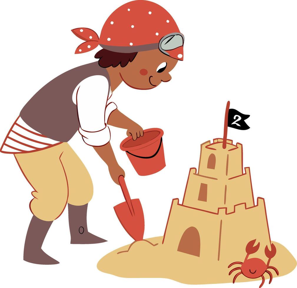 Pirate Child Building Sandcastle at Beach with Shovel and Crab Fun Art vector