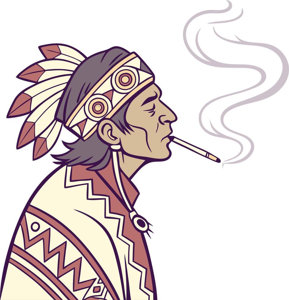 Native American Inspired Art with Headdress and Smoking Pipe for Cultural Themes vector