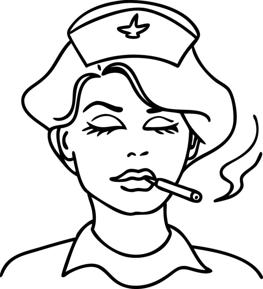 Retro Nurse Smoking Line Art Illustration for Tattoo or Coloring Book vector