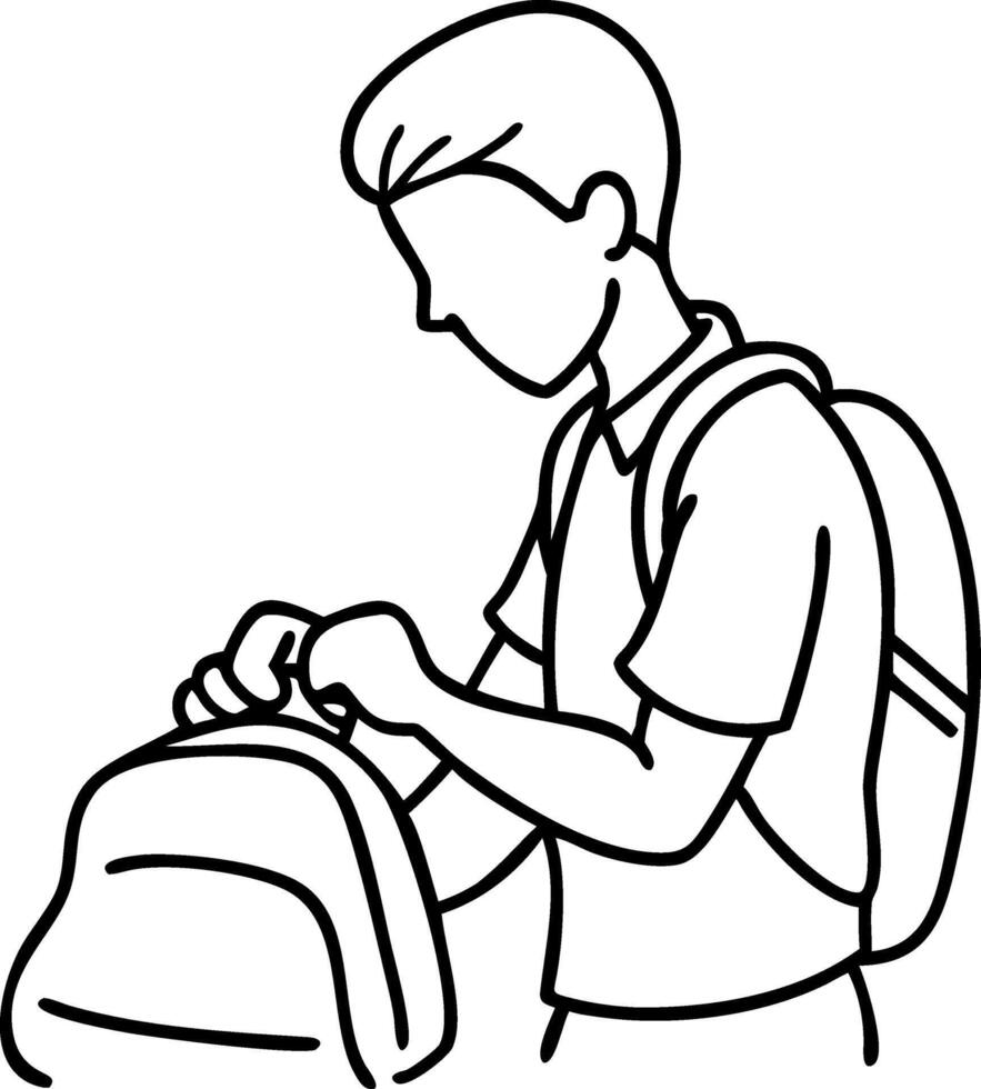 Illustration School Boy Packing Backpack Line Art vector