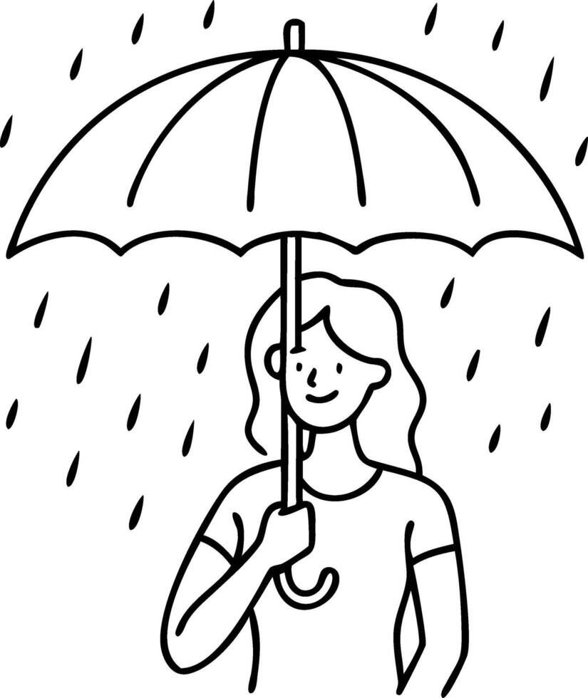 Woman Holding Umbrella in Rain Illustration for Weather or Coloring Book Designs vector