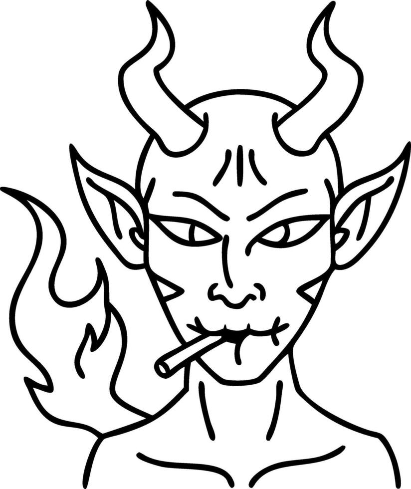 Horned Demon Face Line Art Illustration for Tattoo or Coloring Book Design vector