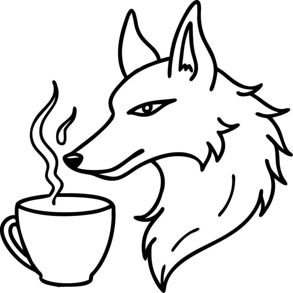 Wolf with Coffee Cup Line Art Illustration for Tattoo and Design Projects vector