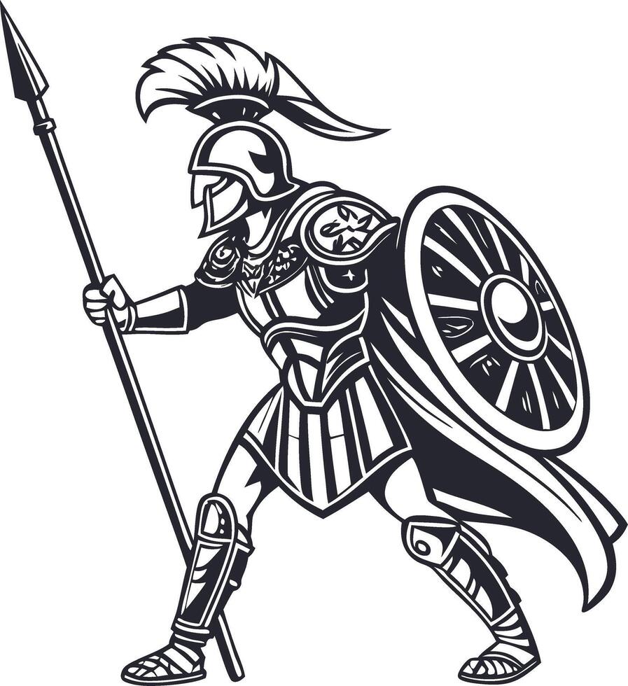 Ancient Greek Warrior with Spear and Shield Illustration for Tattoo Design vector