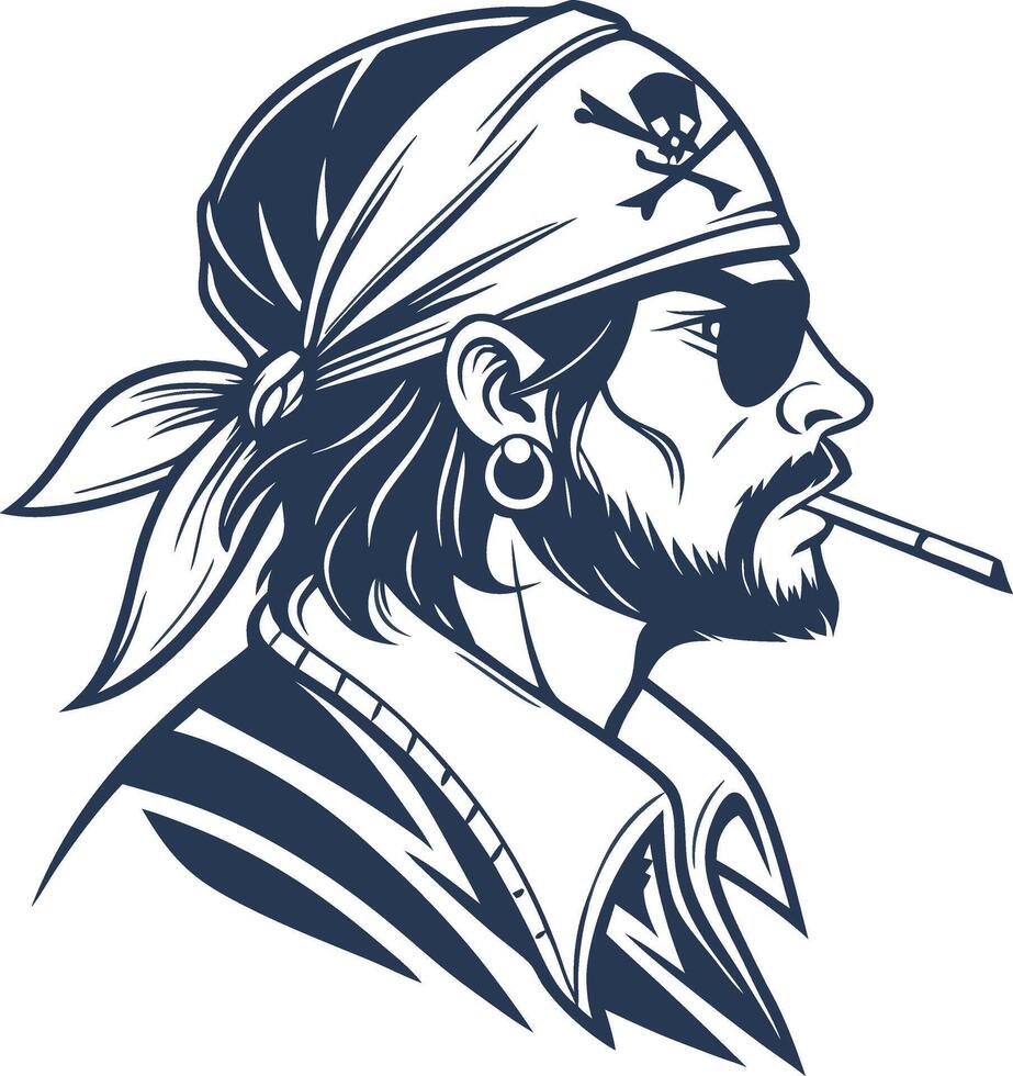 Pirate Profile Illustration with Bandana Eyepatch and Cigarette for Tattoos and Graphics vector