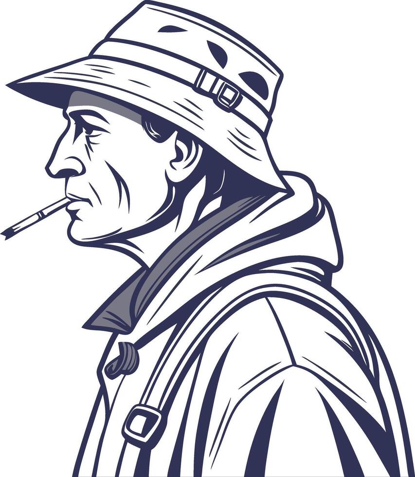Old Man in Bucket Hat Smoking Retro Style Illustration vector