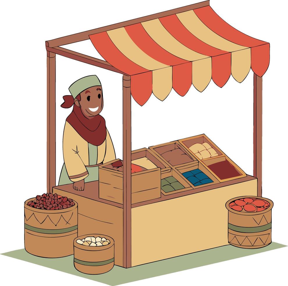 Rustic Market Stall with Smiling Vendor Offering Colorful Textiles and Fresh Produce vector