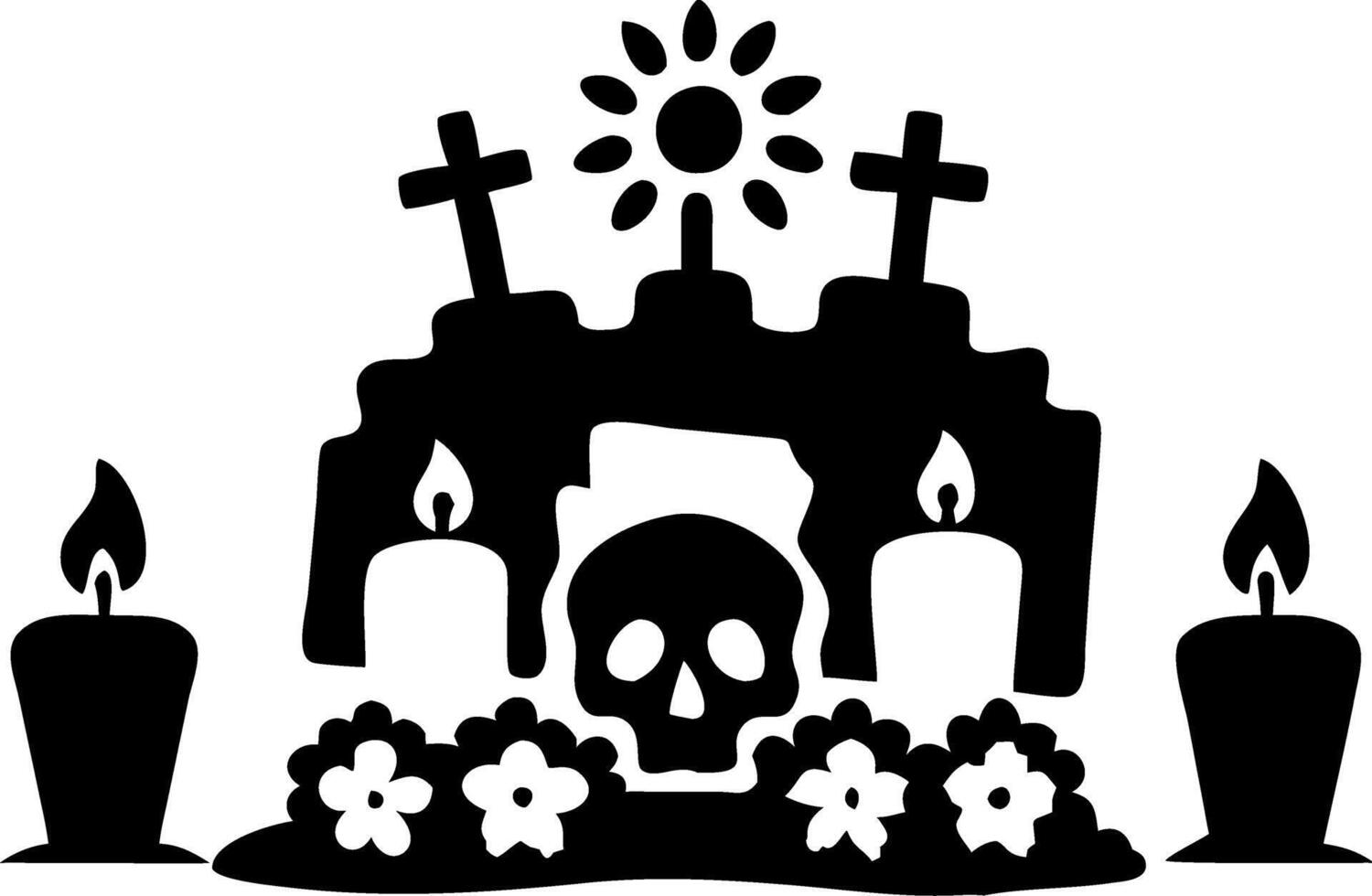 Day of the Dead Altar Art Candles Skulls Flowers Crosses Sun Design vector
