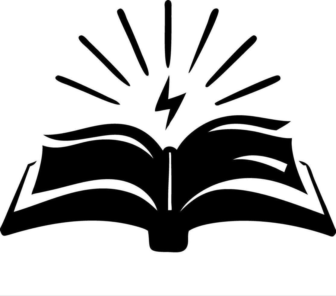 Open Book with Lightning Bolt and Radiating Lines Symbolizing Knowledge and Inspiration vector