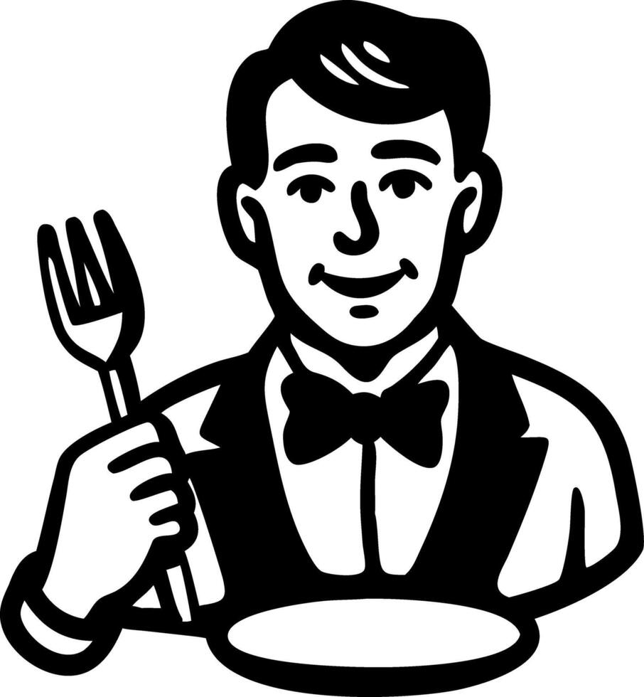 Illustration Smiling Waiter Holding Fork and Plate for Restaurant Branding vector