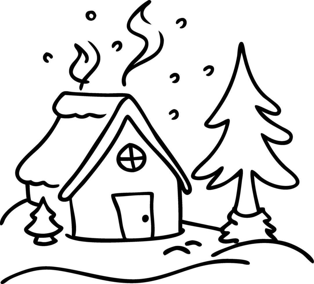 Cozy Winter Cabin in Snowy Woodland Illustration for Coloring and Design vector