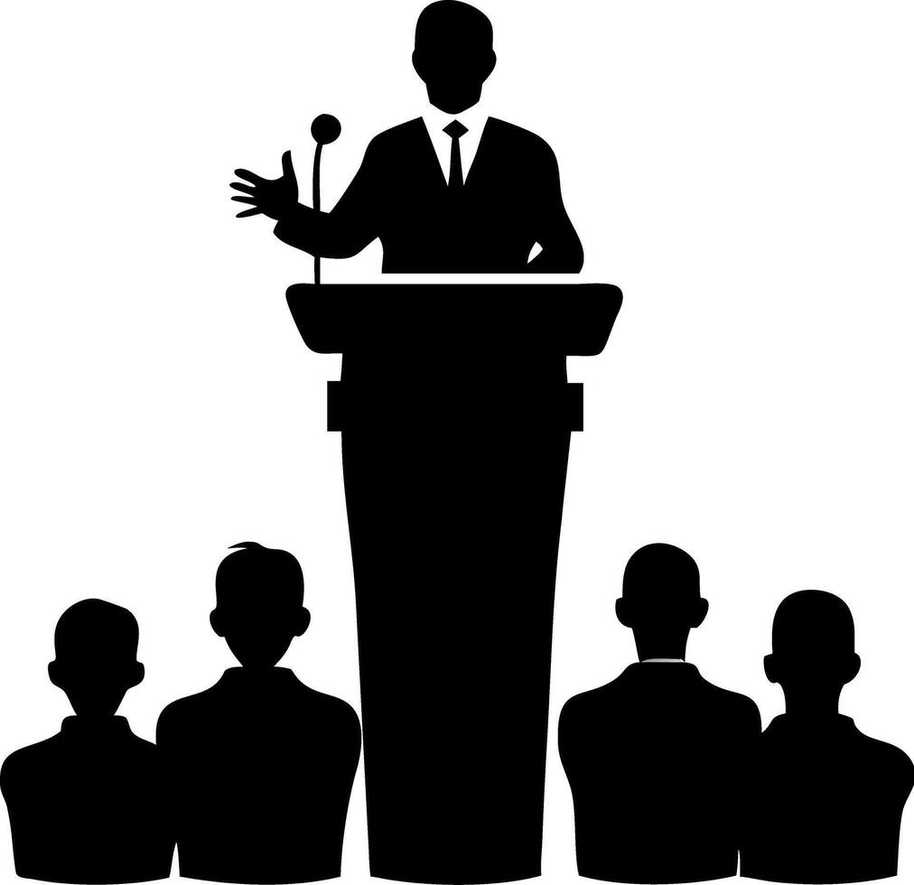 Speaker Silhouette at Podium with Audience for Presentation and Public Speaking Themes vector
