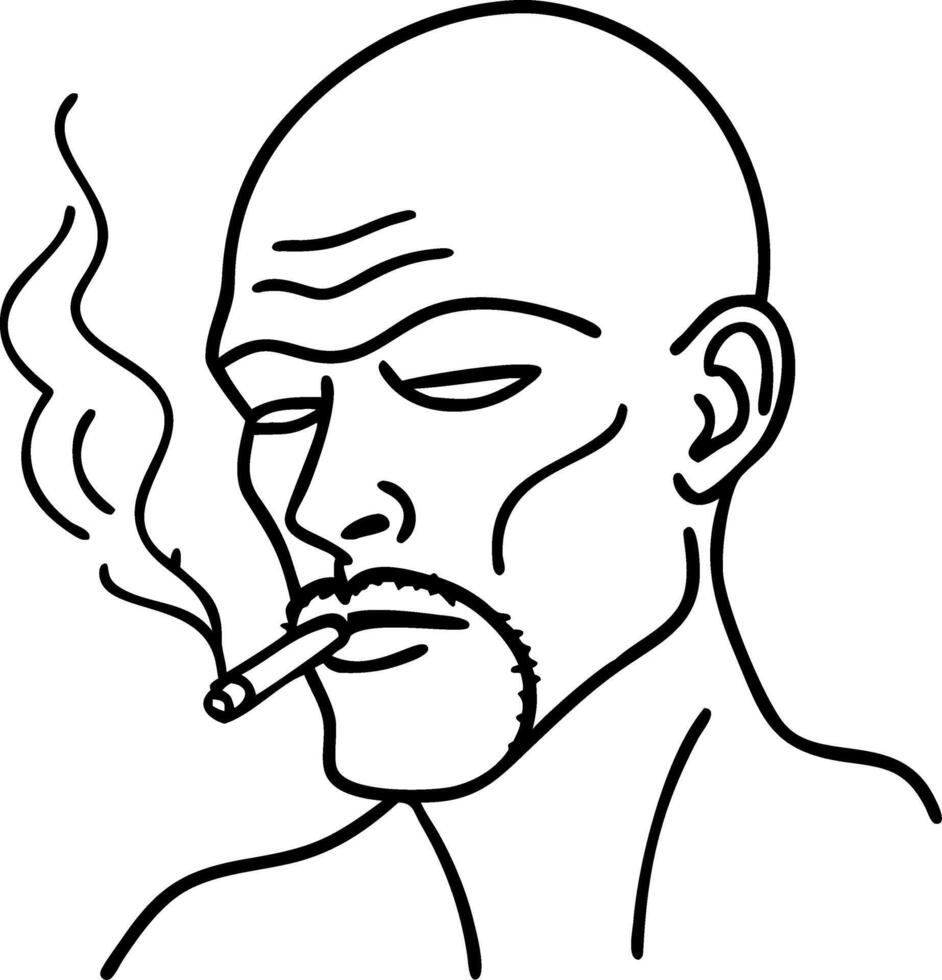Bald Man Smoking Cigarette Line Art Illustration for Tattoos and Coloring Books vector