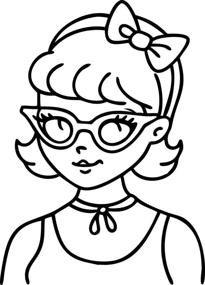 Retro Woman Portrait Line Art with Glasses and Bow for Coloring Pages or Tattoos vector