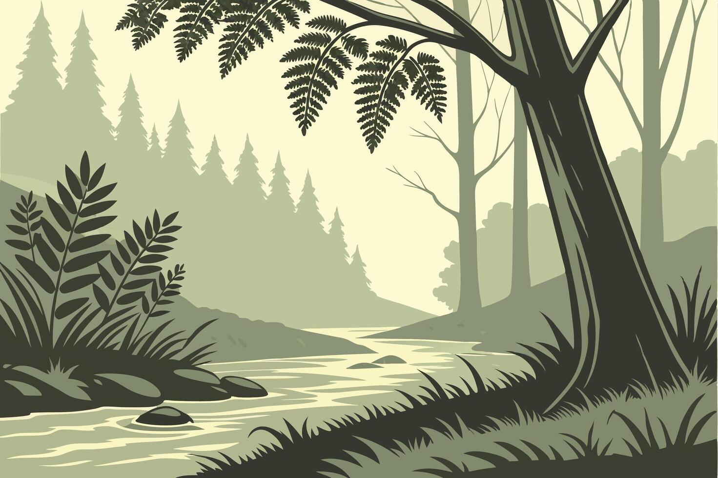 Tranquil Forest Stream with Lush Foliage for Wall Art and Nature Projects vector