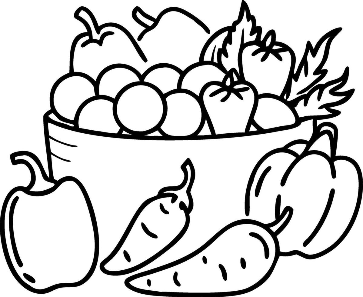 Illustration Fresh Vegetables and Fruits Basket Perfect for Coloring Books vector