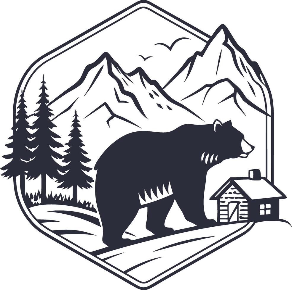 Bear and Mountain Cabin Art for Wilderness Adventure Designs vector