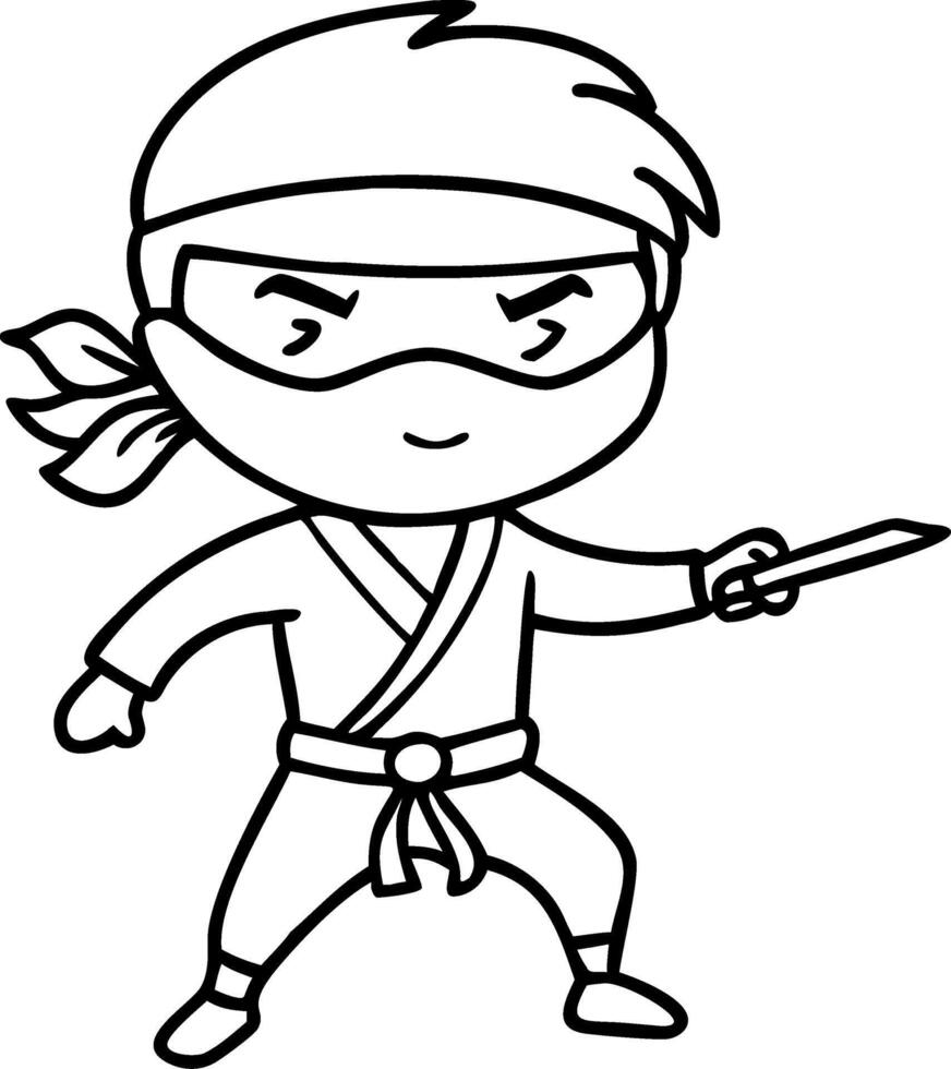 Cute Ninja Character Outline for Kids Coloring Book and Tattoo Art vector