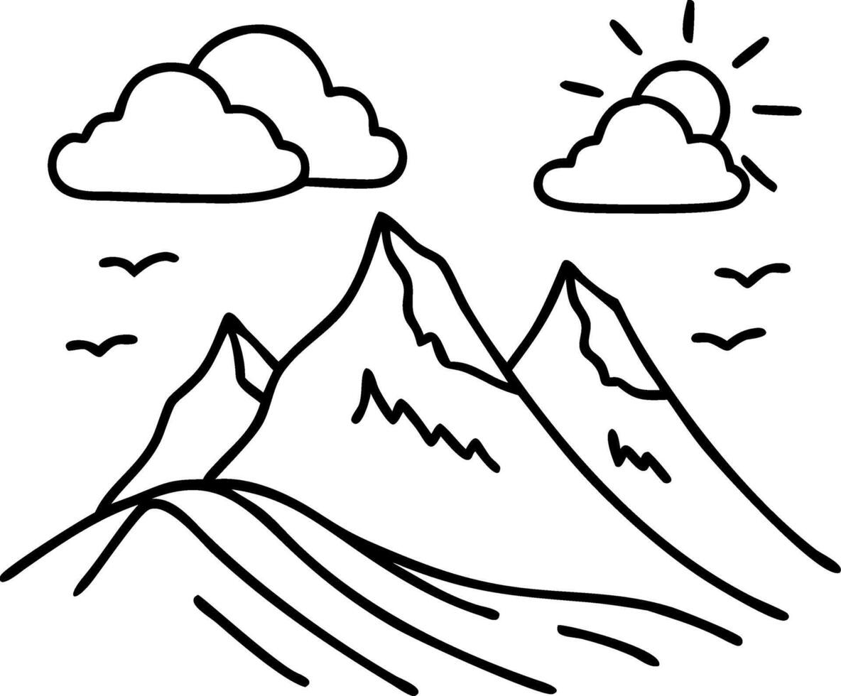 Mountain Landscape with Clouds and Sun Perfect for Tattoos and Coloring Books vector