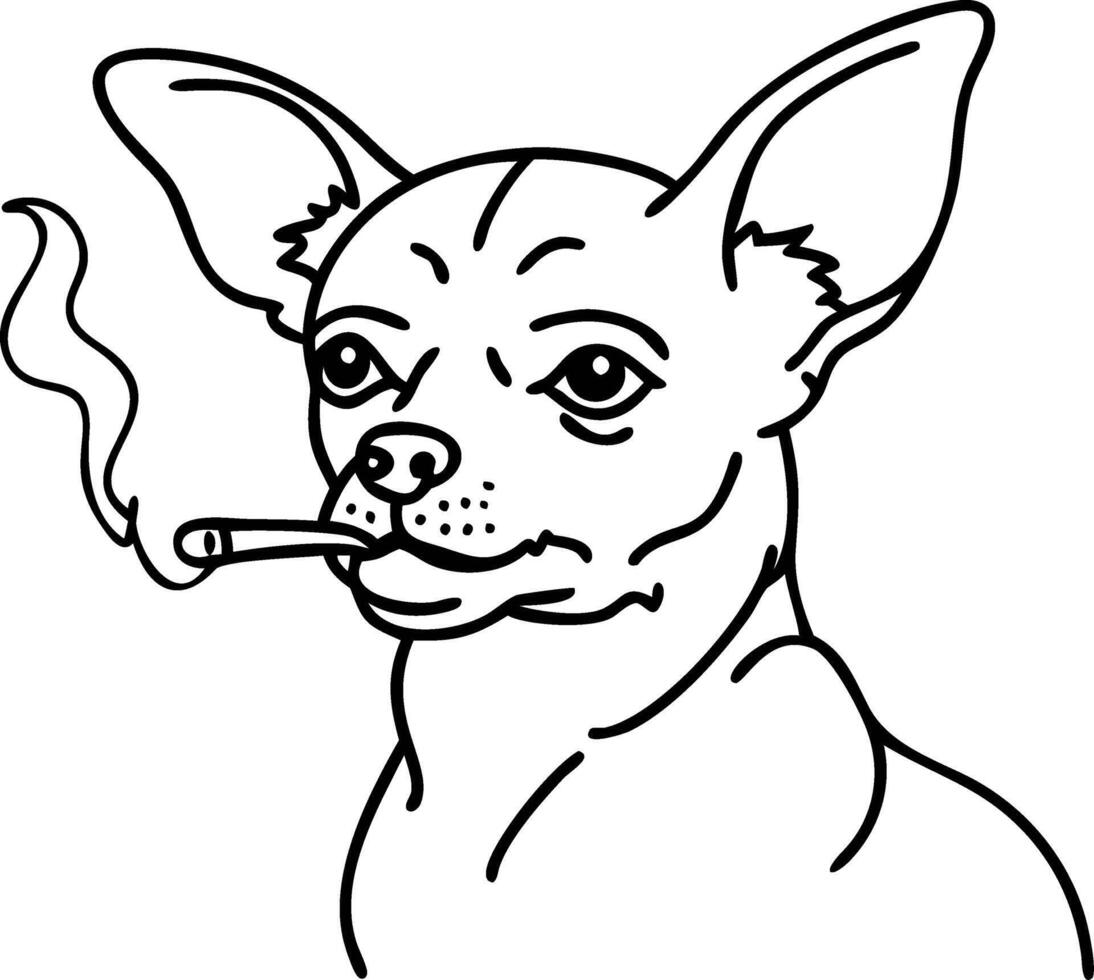 Chihuahua Smoking Cartoon Illustration for Tattoo or Coloring Book Design vector