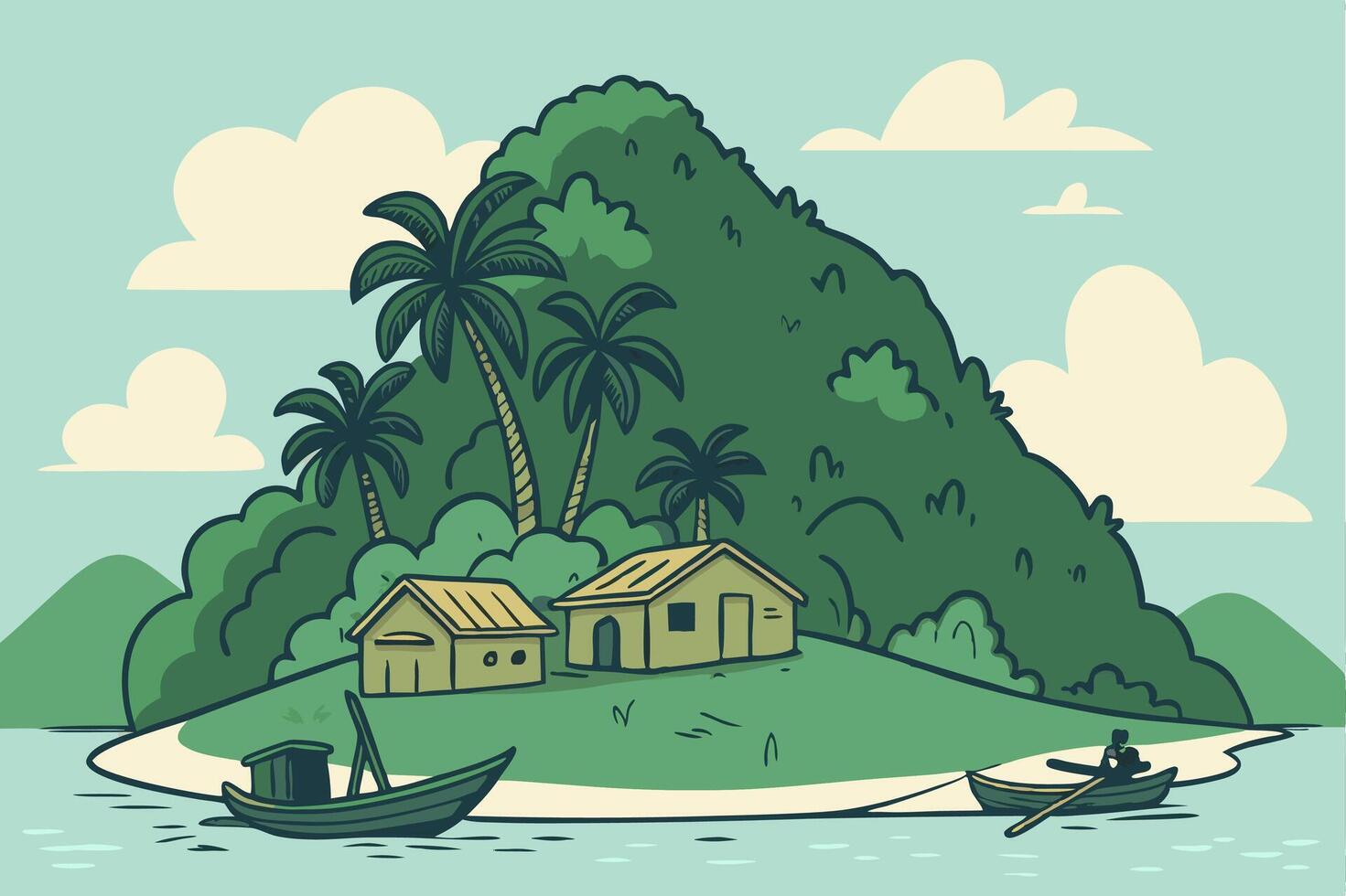 Tropical Island Retreat with Palm Trees and Huts by the Shoreline for Illustrations vector