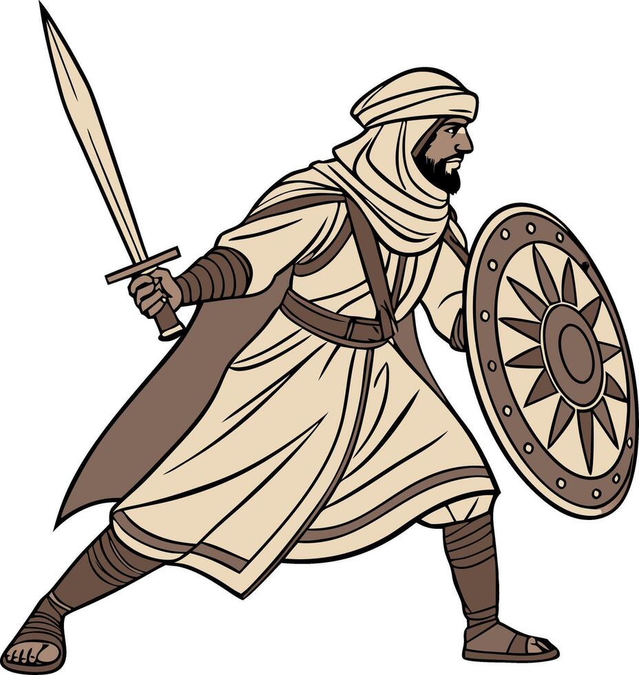 Warrior Holding Sword and Shield in Traditional Robes for Historical Art Design vector