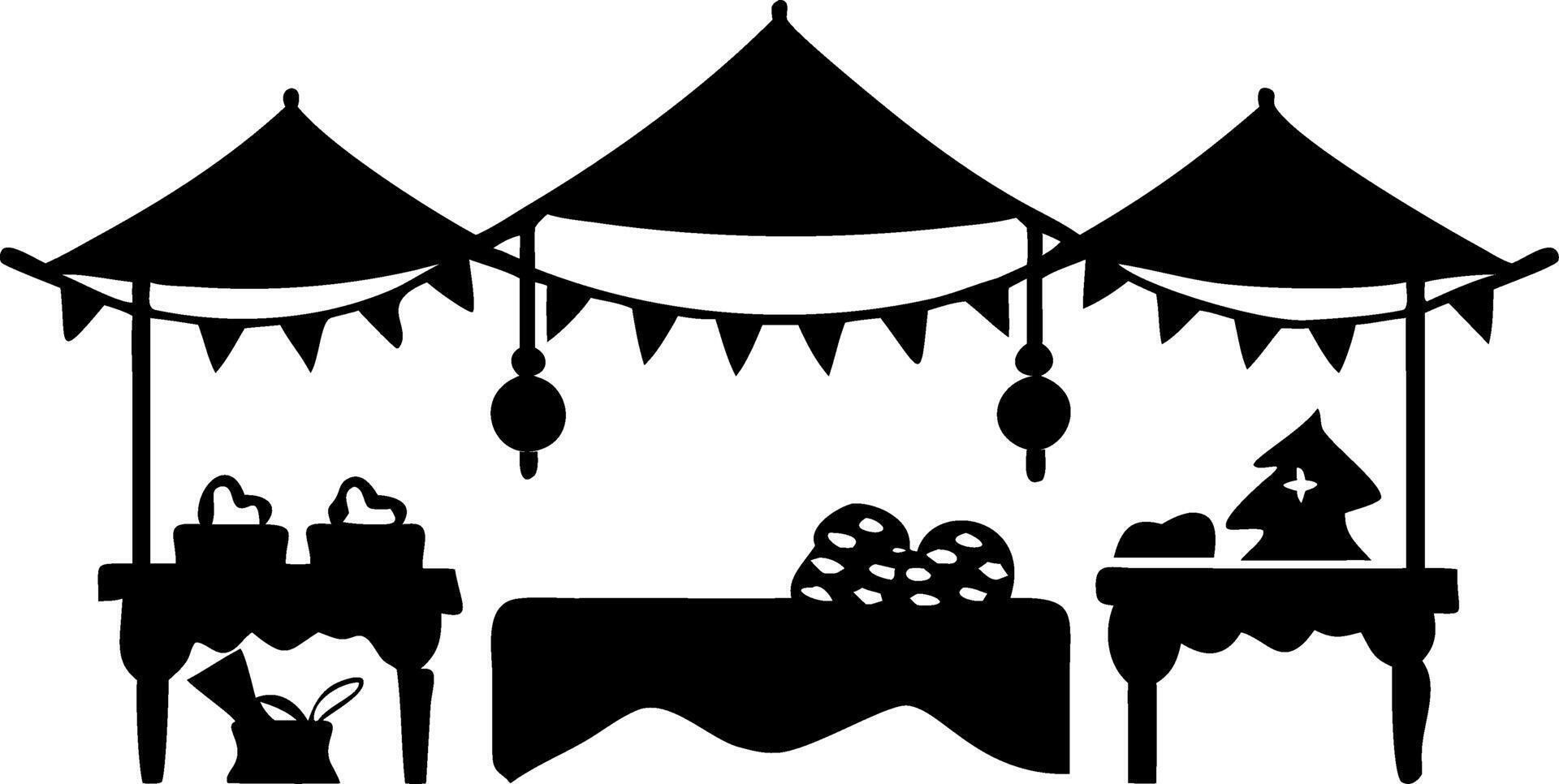 Festive Market Stall Silhouette with Decorative Canopies and Holiday Items vector