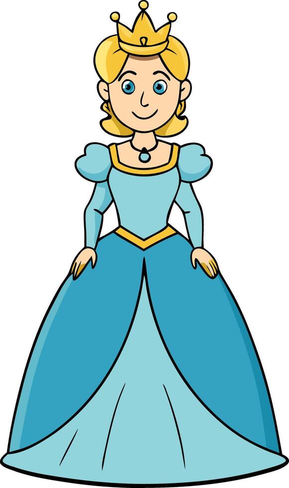 Elegant Princess Illustration with Crown and Blue Gown for Kids Coloring and Storybooks vector