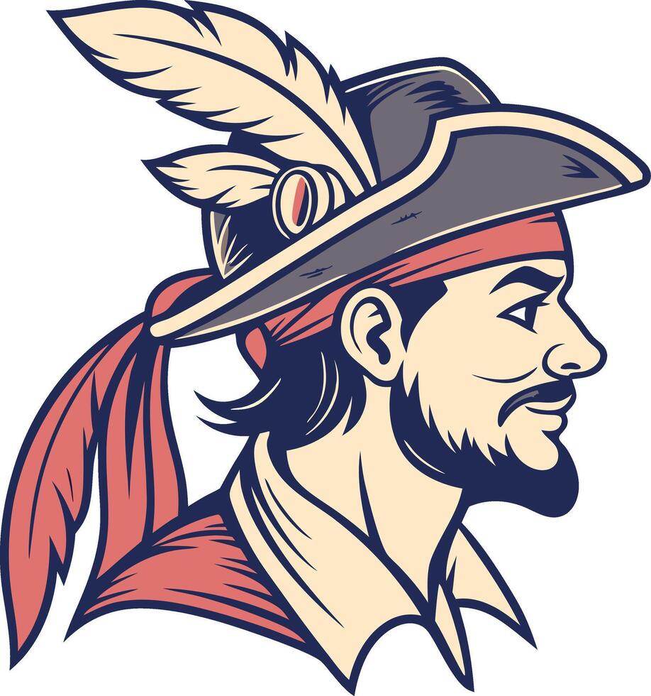 Vintage Pirate Illustration with Hat and Feather Graphic Art vector