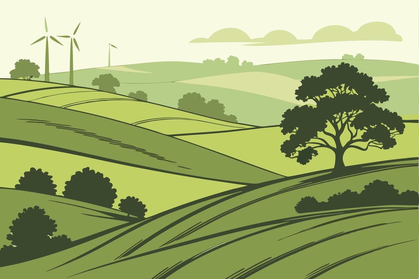 Green Rolling Hills with Wind Turbines and Tree Illustration for Renewable Energy Concept vector