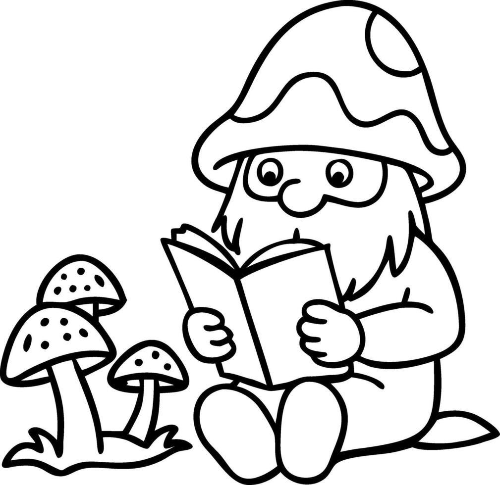 Cute Gnome Reading Book Beside Mushrooms Art for Coloring Book Design vector