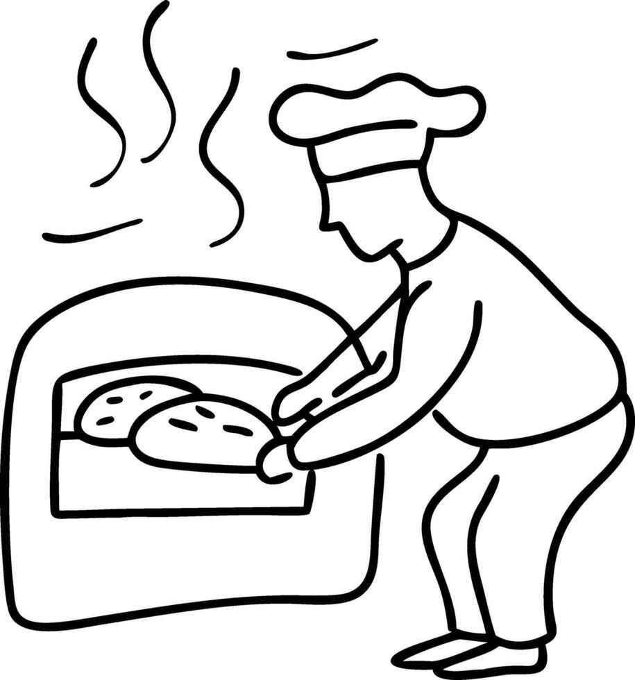 Baker Baking Bread in Oven Simple Line Art Illustration vector