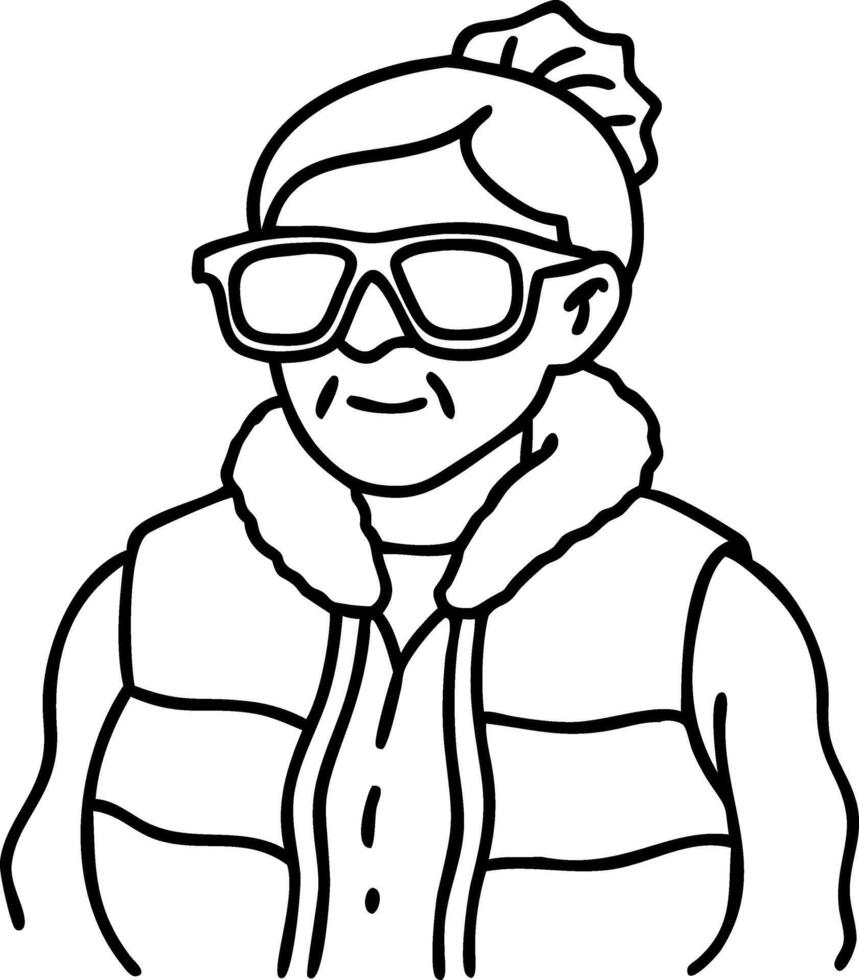 Elderly Woman Wearing Sunglasses and Winter Vest Line Art Illustration vector